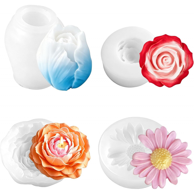 Soap Making Gel - Çiçekli silikon mum kalıbı4'lü Set, Gül,
